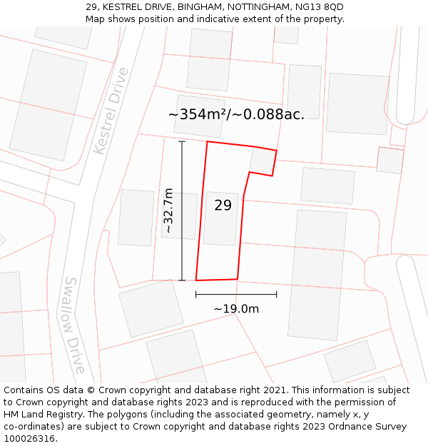 29, KESTREL DRIVE, BINGHAM, NOTTINGHAM, NG13 8QD: Plot and title map
