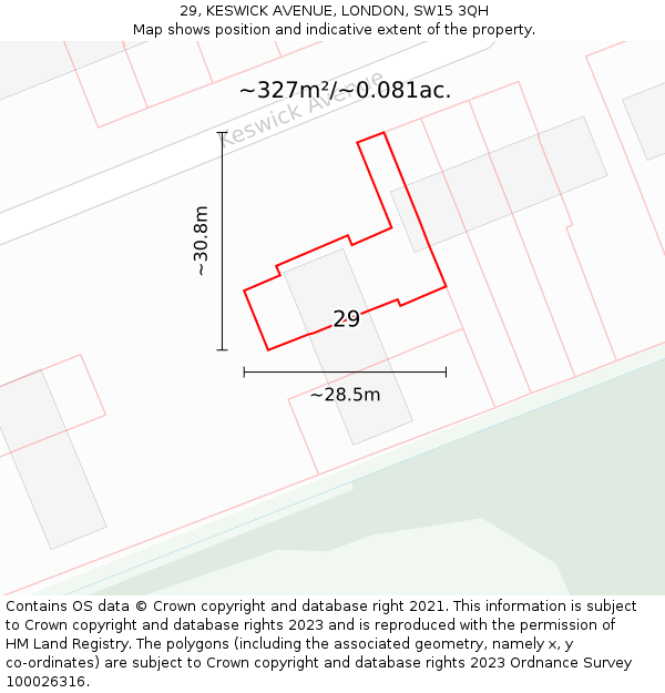 29, KESWICK AVENUE, LONDON, SW15 3QH: Plot and title map