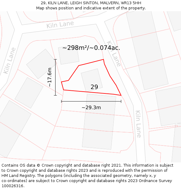 29, KILN LANE, LEIGH SINTON, MALVERN, WR13 5HH: Plot and title map