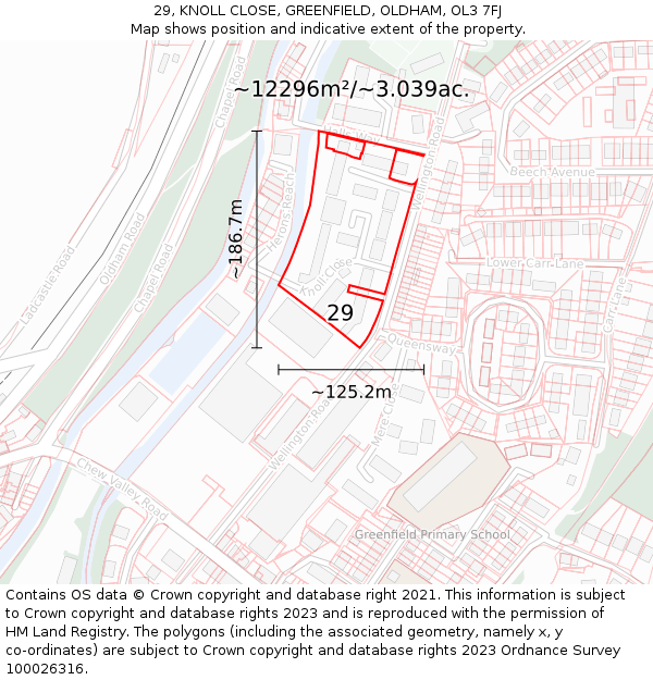 29, KNOLL CLOSE, GREENFIELD, OLDHAM, OL3 7FJ: Plot and title map