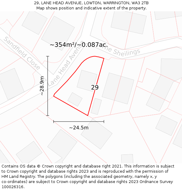 29, LANE HEAD AVENUE, LOWTON, WARRINGTON, WA3 2TB: Plot and title map