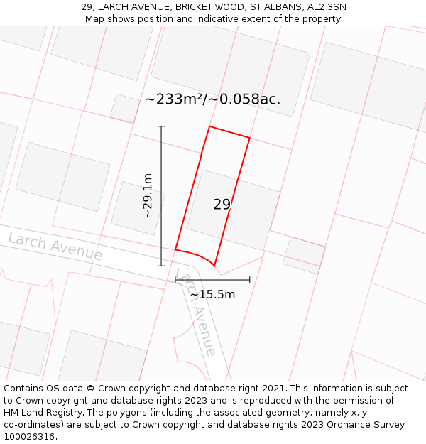 29, LARCH AVENUE, BRICKET WOOD, ST ALBANS, AL2 3SN: Plot and title map