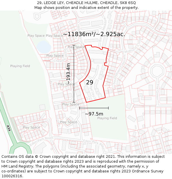 29, LEDGE LEY, CHEADLE HULME, CHEADLE, SK8 6SQ: Plot and title map