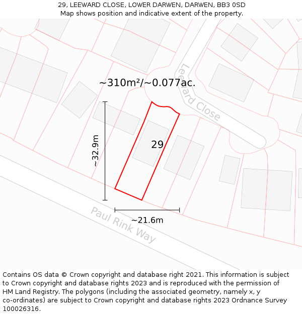 29, LEEWARD CLOSE, LOWER DARWEN, DARWEN, BB3 0SD: Plot and title map