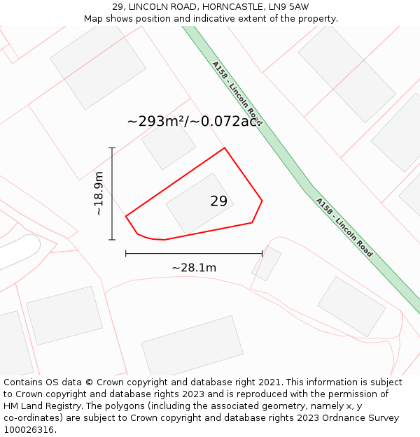 29, LINCOLN ROAD, HORNCASTLE, LN9 5AW: Plot and title map