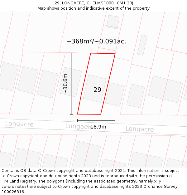 29, LONGACRE, CHELMSFORD, CM1 3BJ: Plot and title map