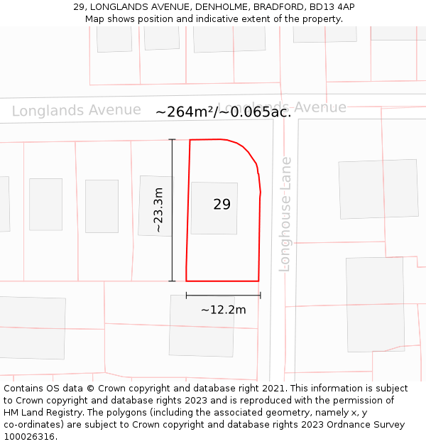 29, LONGLANDS AVENUE, DENHOLME, BRADFORD, BD13 4AP: Plot and title map