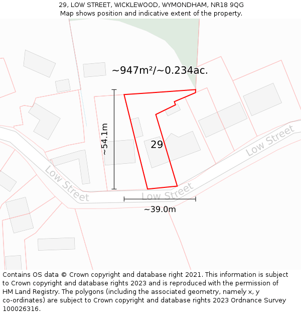 29, LOW STREET, WICKLEWOOD, WYMONDHAM, NR18 9QG: Plot and title map