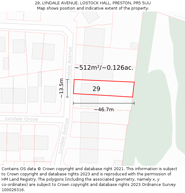 29, LYNDALE AVENUE, LOSTOCK HALL, PRESTON, PR5 5UU: Plot and title map
