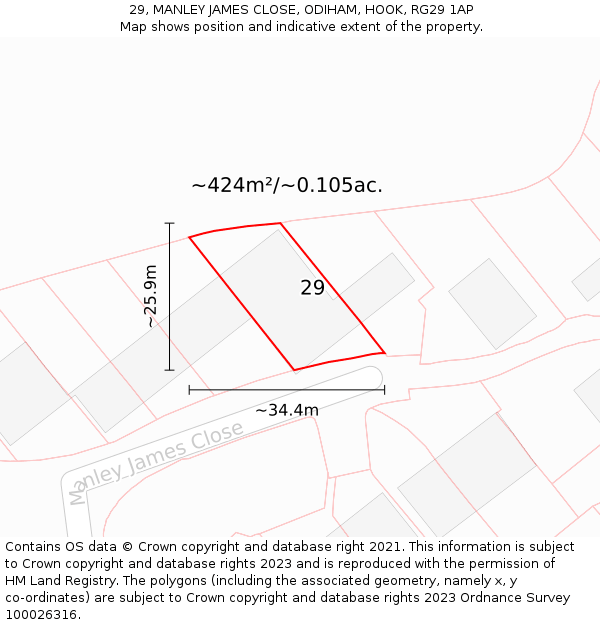 29, MANLEY JAMES CLOSE, ODIHAM, HOOK, RG29 1AP: Plot and title map