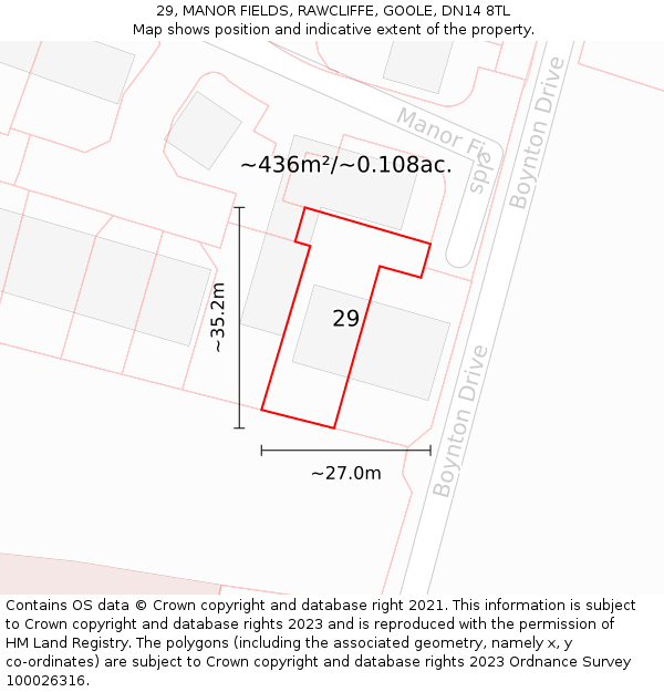 29, MANOR FIELDS, RAWCLIFFE, GOOLE, DN14 8TL: Plot and title map