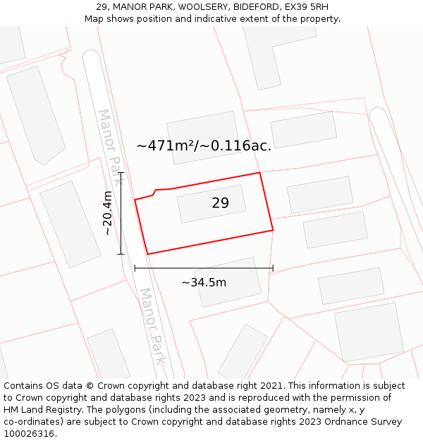 29, MANOR PARK, WOOLSERY, BIDEFORD, EX39 5RH: Plot and title map