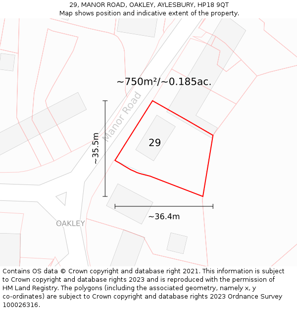 29, MANOR ROAD, OAKLEY, AYLESBURY, HP18 9QT: Plot and title map