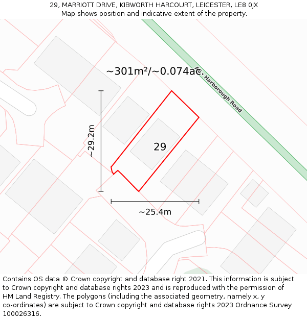 29, MARRIOTT DRIVE, KIBWORTH HARCOURT, LEICESTER, LE8 0JX: Plot and title map