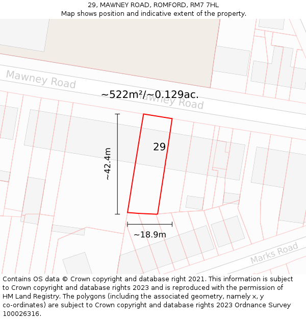 29, MAWNEY ROAD, ROMFORD, RM7 7HL: Plot and title map