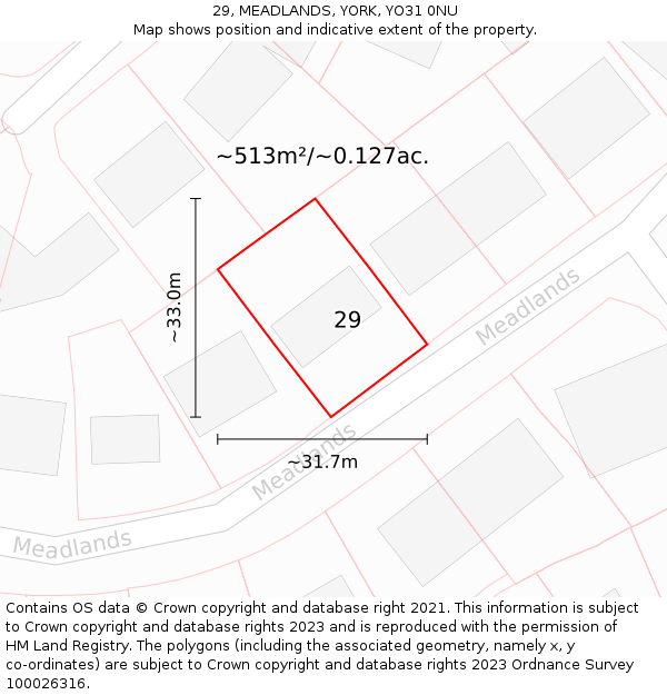 29, MEADLANDS, YORK, YO31 0NU: Plot and title map