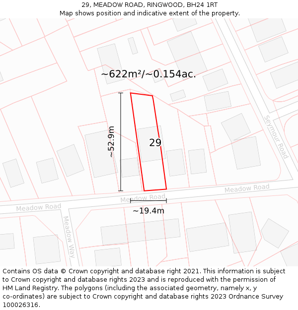 29, MEADOW ROAD, RINGWOOD, BH24 1RT: Plot and title map