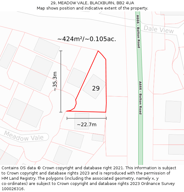 29, MEADOW VALE, BLACKBURN, BB2 4UA: Plot and title map