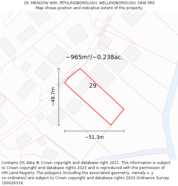 29, MEADOW WAY, IRTHLINGBOROUGH, WELLINGBOROUGH, NN9 5RS: Plot and title map