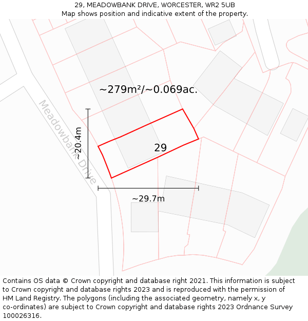29, MEADOWBANK DRIVE, WORCESTER, WR2 5UB: Plot and title map