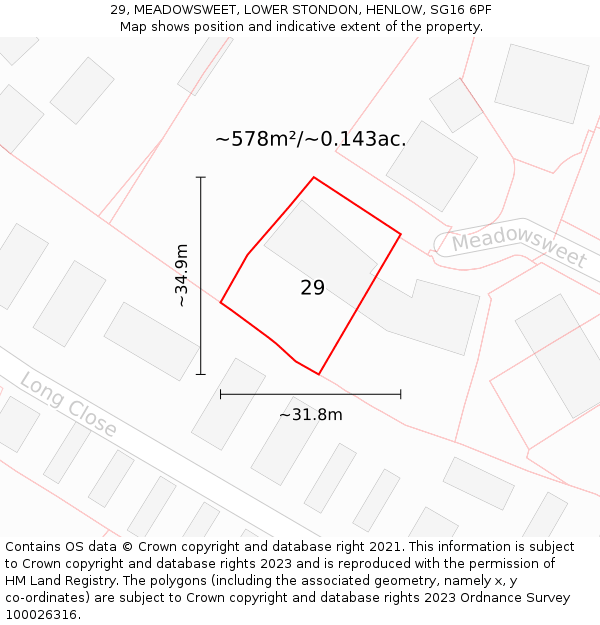 29, MEADOWSWEET, LOWER STONDON, HENLOW, SG16 6PF: Plot and title map