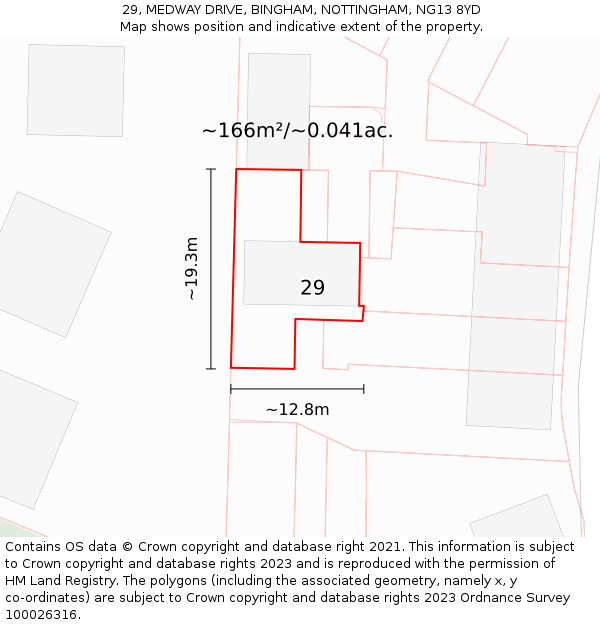 29, MEDWAY DRIVE, BINGHAM, NOTTINGHAM, NG13 8YD: Plot and title map