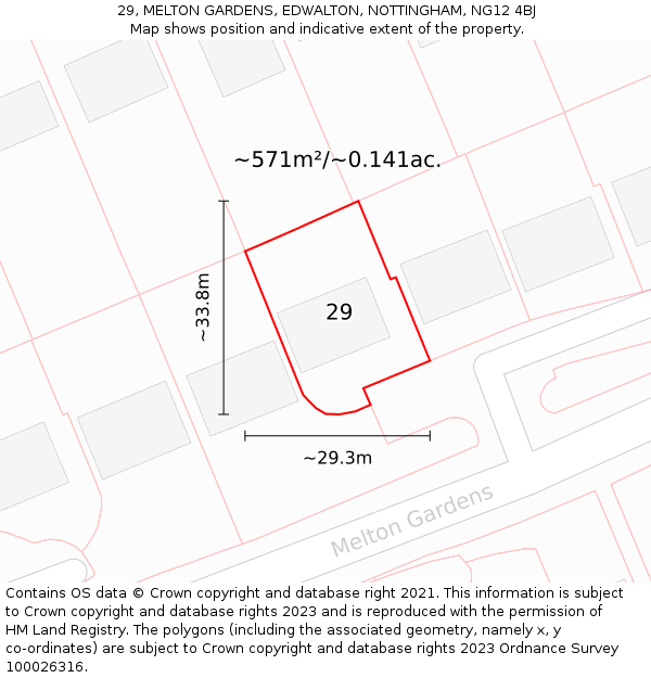 29, MELTON GARDENS, EDWALTON, NOTTINGHAM, NG12 4BJ: Plot and title map