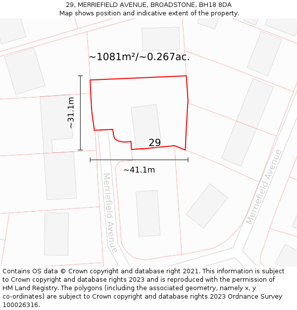 29, MERRIEFIELD AVENUE, BROADSTONE, BH18 8DA: Plot and title map