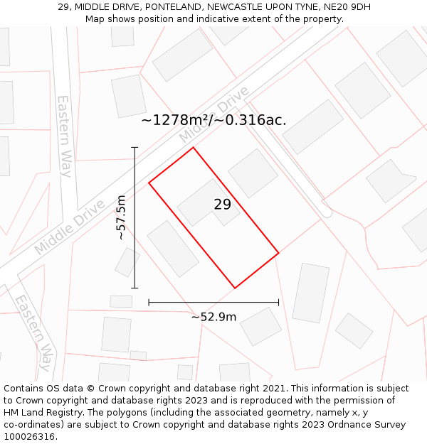 29, MIDDLE DRIVE, PONTELAND, NEWCASTLE UPON TYNE, NE20 9DH: Plot and title map