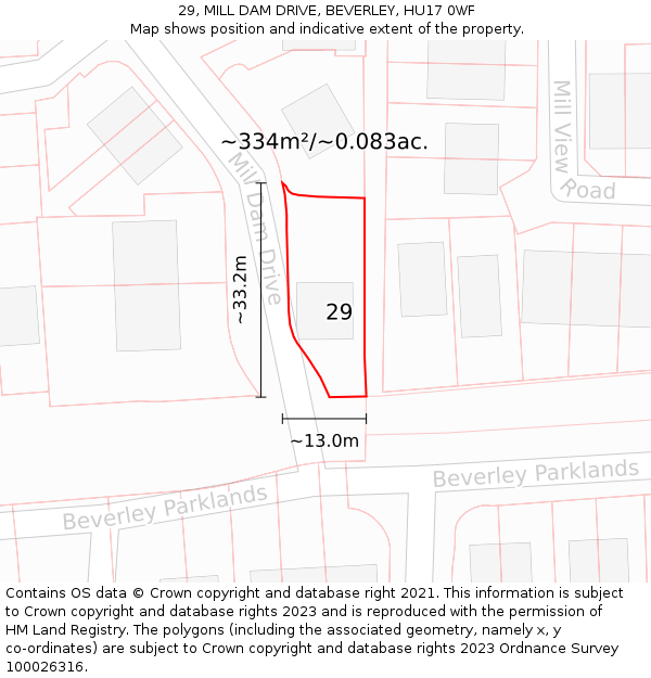 29, MILL DAM DRIVE, BEVERLEY, HU17 0WF: Plot and title map