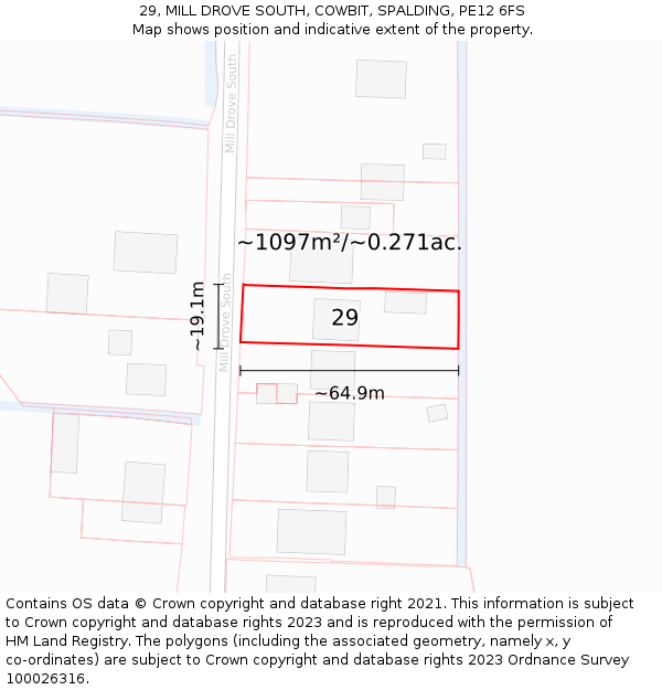 29, MILL DROVE SOUTH, COWBIT, SPALDING, PE12 6FS: Plot and title map