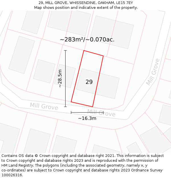 29, MILL GROVE, WHISSENDINE, OAKHAM, LE15 7EY: Plot and title map
