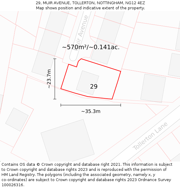 29, MUIR AVENUE, TOLLERTON, NOTTINGHAM, NG12 4EZ: Plot and title map