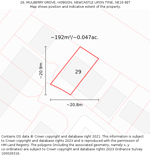 29, MULBERRY GROVE, HOBSON, NEWCASTLE UPON TYNE, NE16 6ET: Plot and title map