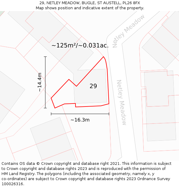 29, NETLEY MEADOW, BUGLE, ST AUSTELL, PL26 8FX: Plot and title map