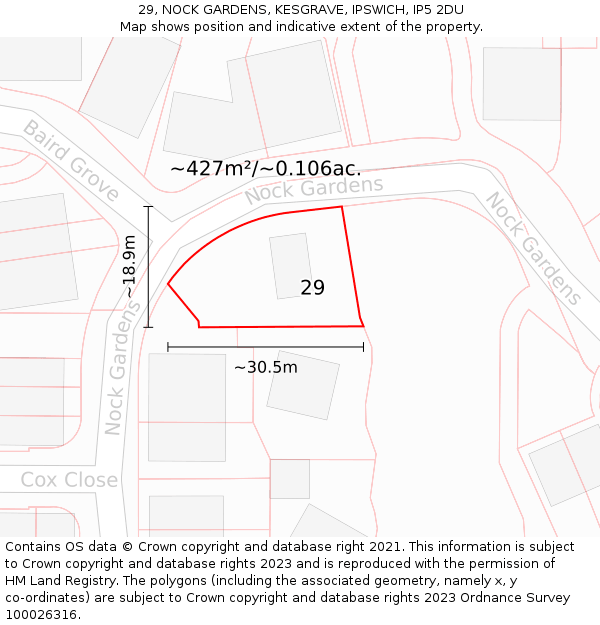 29, NOCK GARDENS, KESGRAVE, IPSWICH, IP5 2DU: Plot and title map