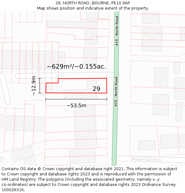 29, NORTH ROAD, BOURNE, PE10 9AP: Plot and title map