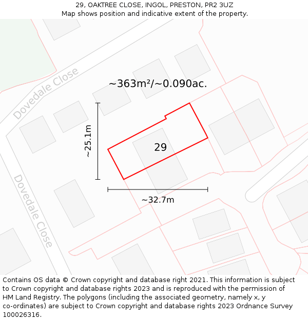 29, OAKTREE CLOSE, INGOL, PRESTON, PR2 3UZ: Plot and title map