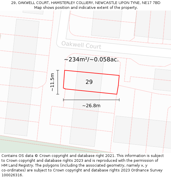 29, OAKWELL COURT, HAMSTERLEY COLLIERY, NEWCASTLE UPON TYNE, NE17 7BD: Plot and title map