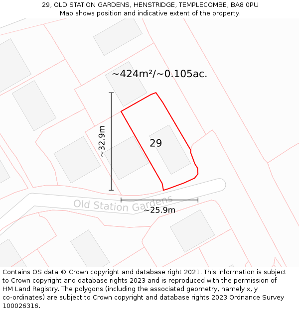 29, OLD STATION GARDENS, HENSTRIDGE, TEMPLECOMBE, BA8 0PU: Plot and title map