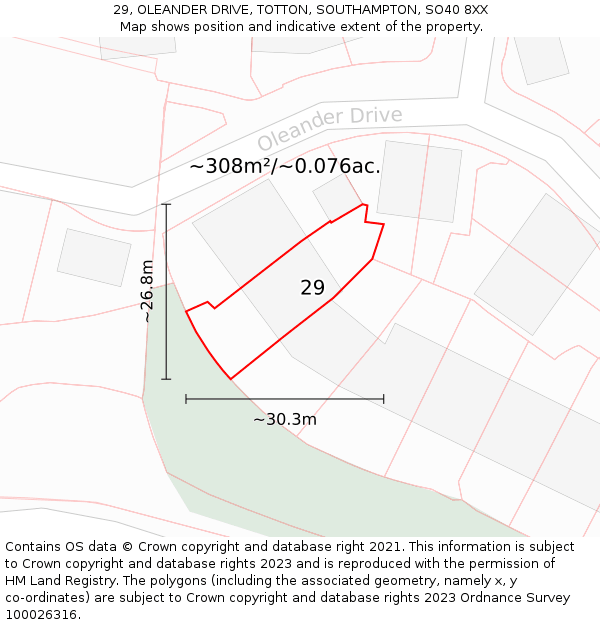 29, OLEANDER DRIVE, TOTTON, SOUTHAMPTON, SO40 8XX: Plot and title map