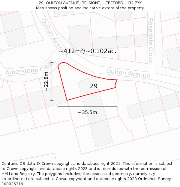 29, OULTON AVENUE, BELMONT, HEREFORD, HR2 7YX: Plot and title map