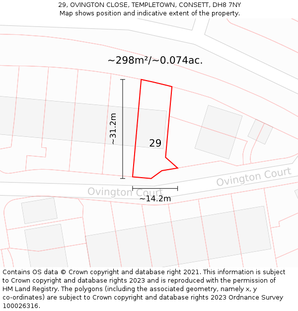 29, OVINGTON CLOSE, TEMPLETOWN, CONSETT, DH8 7NY: Plot and title map