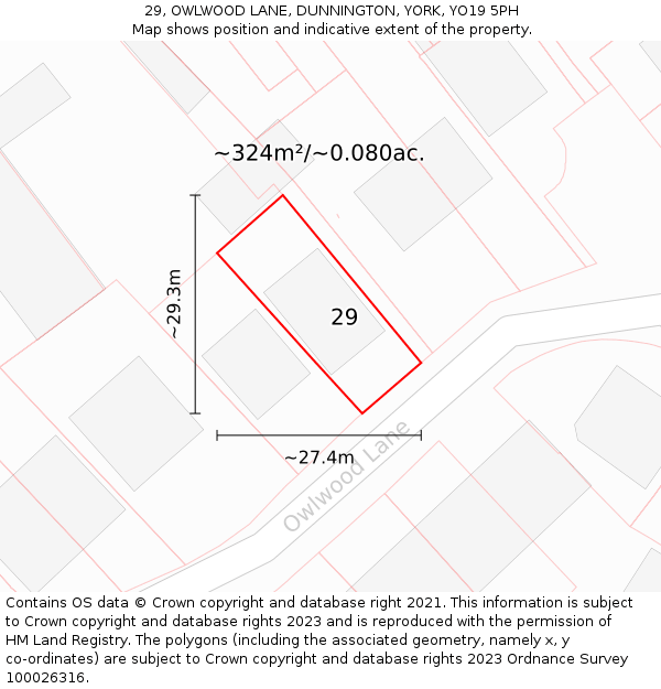 29, OWLWOOD LANE, DUNNINGTON, YORK, YO19 5PH: Plot and title map