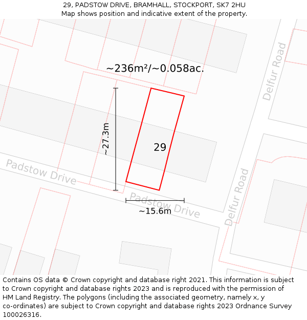 29, PADSTOW DRIVE, BRAMHALL, STOCKPORT, SK7 2HU: Plot and title map