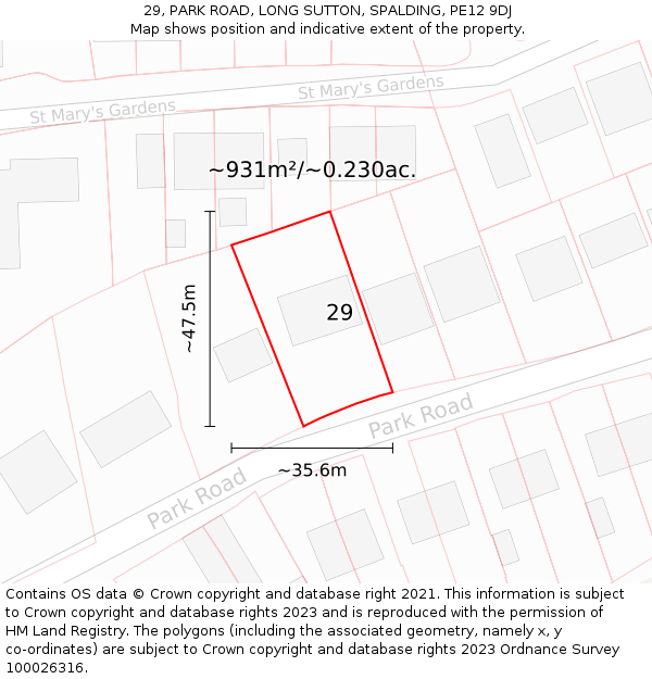 29, PARK ROAD, LONG SUTTON, SPALDING, PE12 9DJ: Plot and title map