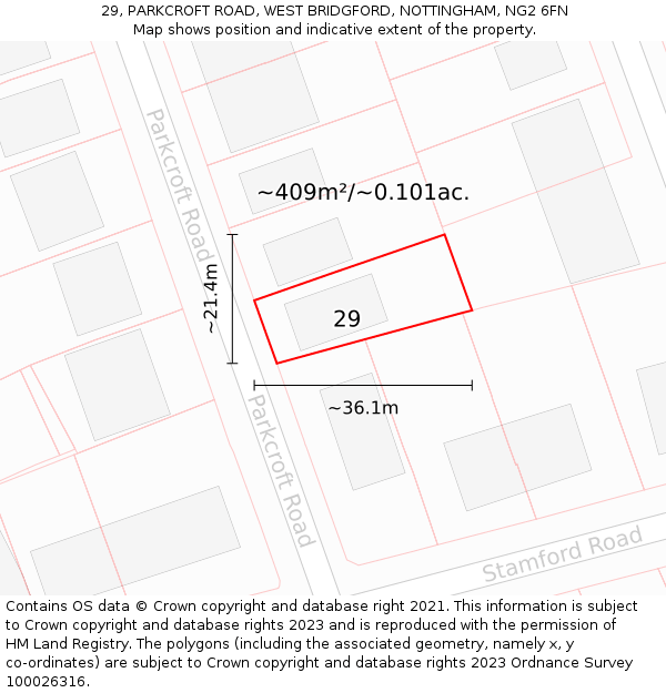 29, PARKCROFT ROAD, WEST BRIDGFORD, NOTTINGHAM, NG2 6FN: Plot and title map