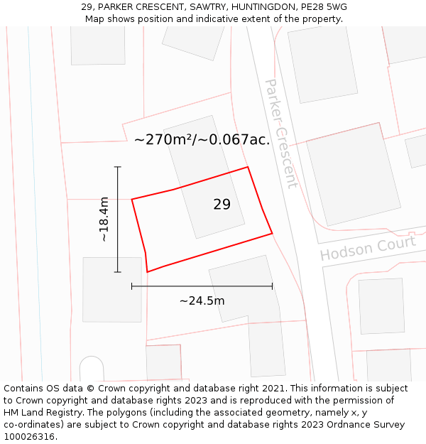 29, PARKER CRESCENT, SAWTRY, HUNTINGDON, PE28 5WG: Plot and title map