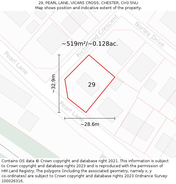 29, PEARL LANE, VICARS CROSS, CHESTER, CH3 5NU: Plot and title map