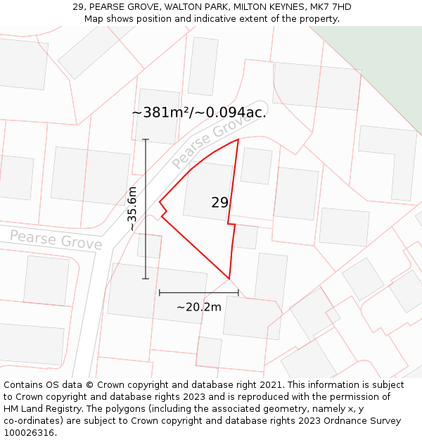 29, PEARSE GROVE, WALTON PARK, MILTON KEYNES, MK7 7HD: Plot and title map